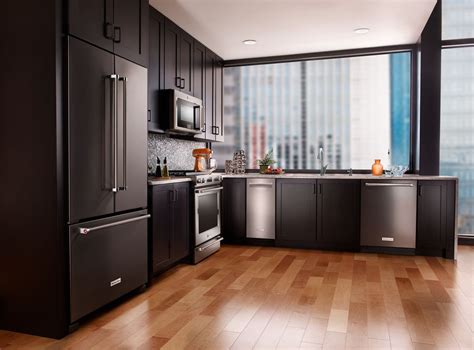 dark cabinets with black stainless steel appliances|kitchen countertops with black appliances.